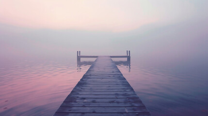 Fototapeta premium Wooden Dock On The Water Of A Foggy Lake In Light Pink And Purple Hues, Creating A Calm And Serene Mood. Dreamy Photography 