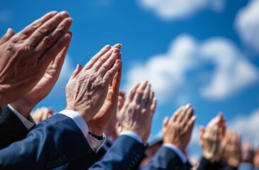 Close-up of a group of people clapping their hands outdoors under a blue sky, symbolizing applause and appreciation.