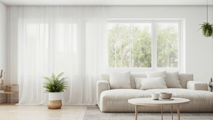 Modern Minimalist Living Room Interior Design in Daylight, Bright and Airy Contemporary Living Room with Minimal Decor.