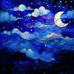 Stained Glass Style, Night Sky With Crescent Moon And Stars, Clouds, Dark Blue Background Colour, Fantasy Art Illustration
