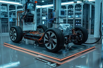 Fototapeta premium Electric Vehicle Chassis Undergoing Testing in a Modern Facility