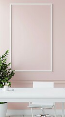 Clean and sleek office setup with light pastel pink walls, white desk, and an empty white frame in a vertical layout.
