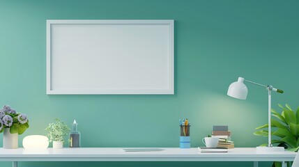 Clean and sleek office setup with a minimalist white desk, vibrant blue decor, and an empty white frame on a green wall in a widescreen format.