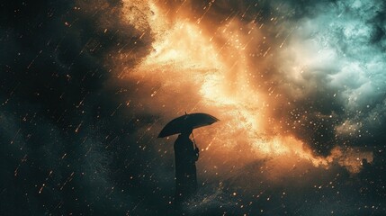 Obraz premium A photo of a man with an umbrella in the middle of heavy rain.