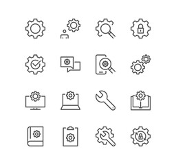 Set of settings and controls related icons, account, setup, install, gears and linear variety vectors.	
