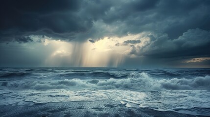 Fototapeta premium A tropical storm over the ocean, dark clouds and heavy rain, with waves crashing dramatically.