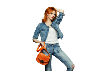 Fashion portrait of beautiful young woman with red hair. Girl in blouse and jeans. Jewelry and hairstyle. Girl with handbag