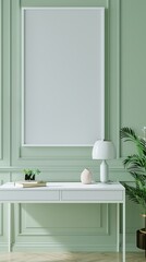 Clean and sleek office space with light pastel green walls, white desk, and a blank white frame in a vertical format.