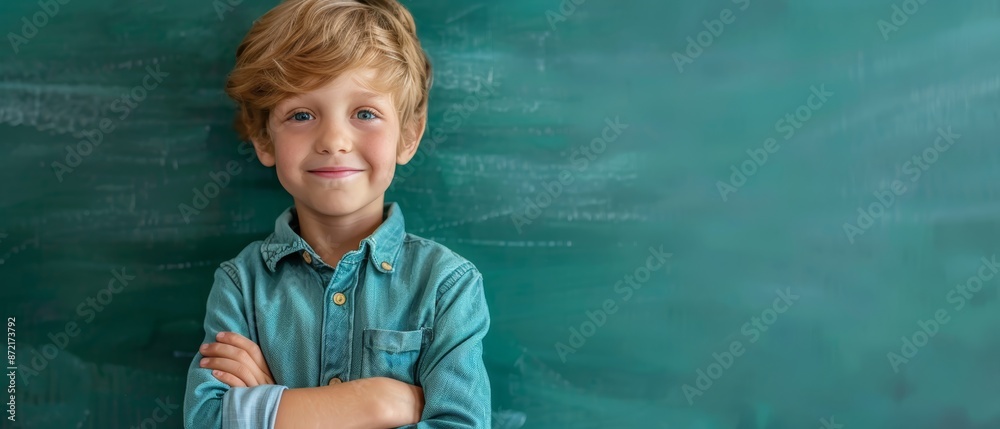 Wall mural  A young boy, arms folded across his chest, smiles at the camera in front of a chalkboard