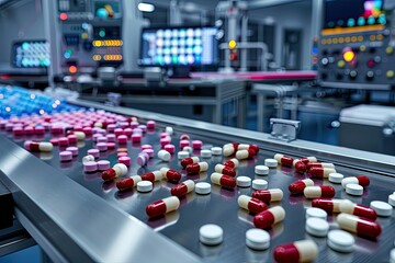 Obraz premium Pill Production Line in a Modern Pharmaceutical Factory