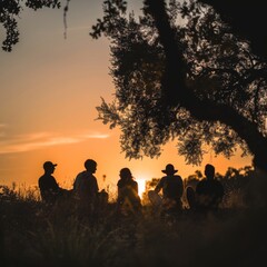 Fototapeta premium Group of Friends Enjoying Sunset in Nature