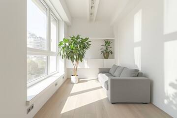 Fototapeta premium Modern minimalist living room with white walls and large windows