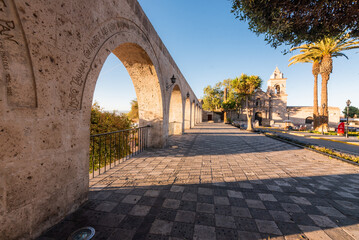 Portals, plaza and church of Yanahuara Arequipa Peru
