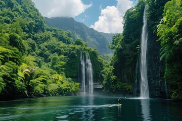 A Solo Paddle Beneath the Lush Waterfall of a Tropical Paradise