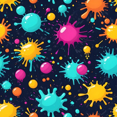 Vibrant Splash Seamless Pattern: A cheerful and dynamic design featuring a colorful array of paint splatters in blue, pink, yellow, and orange against a dark background.