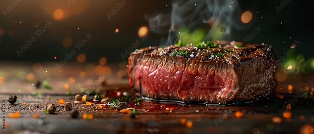 Poster  A steak rests atop a wooden table, adjacent to a mound of spices and seasonings