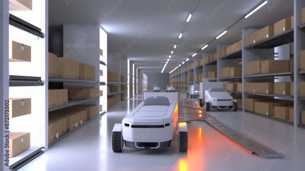 Poster autonomous vehicles navigate a warehouse with shelves of boxes. the vehicles move efficiently and sa