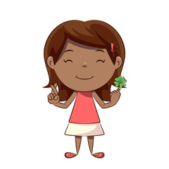 Little girl holding lucky clover, fingers crossed