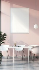 Clean and stylish office setup with light pastel pink walls, white minimalist furniture, and a blank white frame in a tall layout.