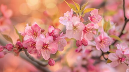 Obraz premium Close-up of pink cherry blossoms in full bloom against a blurred background