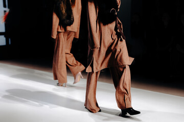 Cropped figures of fashion models women wearing autumnal brown outfits. Stylish cloth. Two fashion...