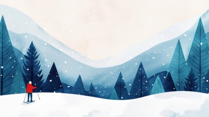 Digital painting of a skier in a snowy mountain landscape with pine trees, capturing the beauty of winter and outdoor adventure.