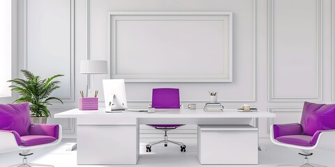 Clean modern office with white furnishings, vibrant purple accents, and a blank white frame above the desk in a  format.