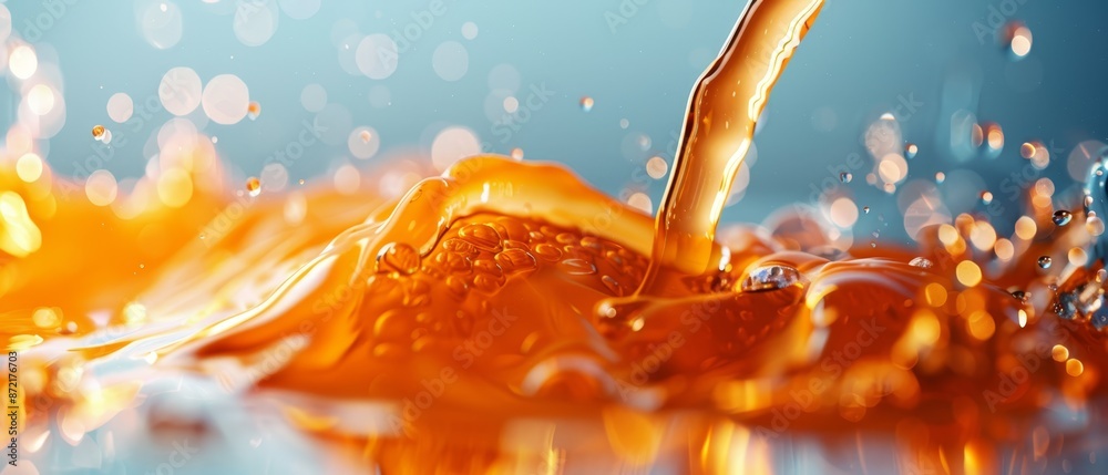 Canvas Prints  A tight shot of a bottled liquid pouring into an orange-filled vessel against a blue backdrop