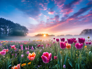 Fototapeta premium A spring flower garden in the morning mist blooms with vibrant colors, creating a dreamy and ethereal landscape