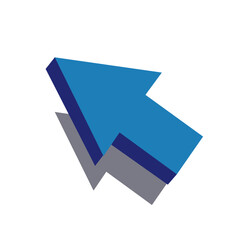 Vector flat illustration of blue glossy direction pointer top, computer mouse sign to click buttons, website design element. Blue pointing arrow sign with shadow