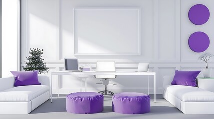 Clean modern office with white furnishings, bright purple accents, and a blank white frame above the desk in a  format.
