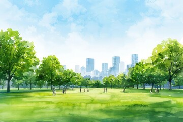 Scenic city park with lush green trees and a clear blue sky, highlighting urban serenity and nature beauty on a sunny day.