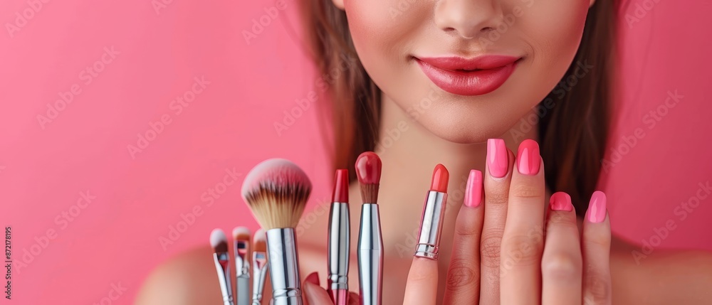 Sticker  A woman holds makeup brushes before her face