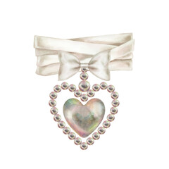 Pearl jewelry in the shape of a heart, flower, butterfly. Watercolor illustration in pastel palette with holographic effect as a template for Valentine's Day, engagement, wedding, Mother's Day