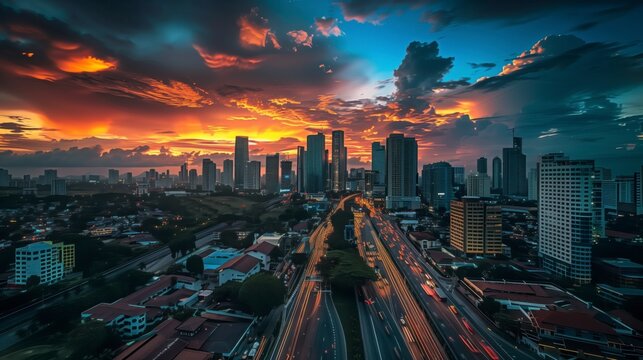 Atardecer en el distrito financiero de una ciudad moderna