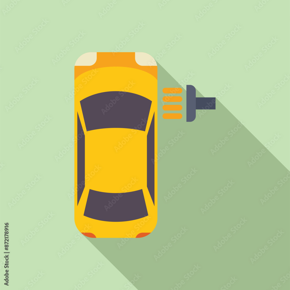 Wall mural top view of a yellow car undergoing an exhaust check, emphasizing car maintenance and environmental 