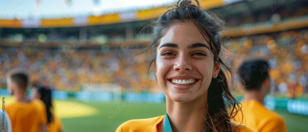 Poster  A woman grinning at the camera amidst a throng of spectators at a soccer match, encircled by a grand stadium