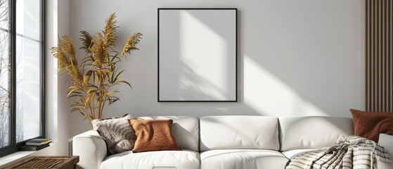  A living room featuring a white couch, a potted plant, and a picture on the wall