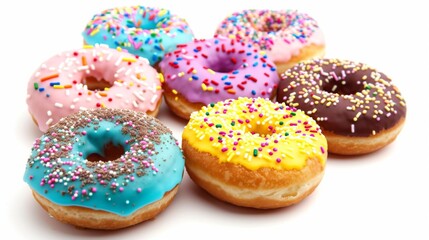 A selection of colorful donuts topped with sprinkles, isolated on a white background