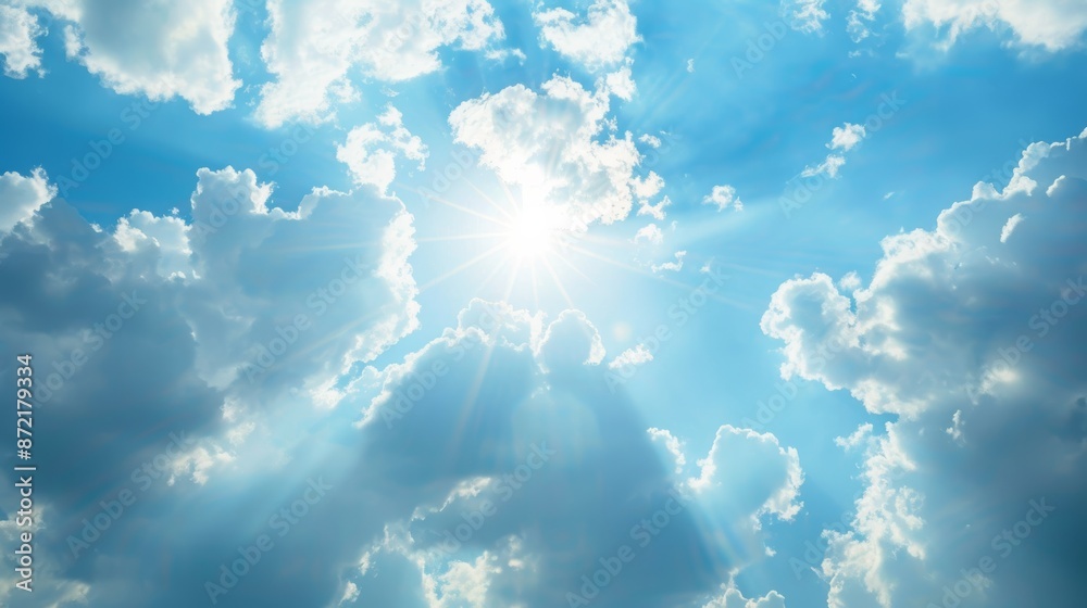 Poster bright sun rays casting light on a partly cloudy sky, cheerful atmosphere