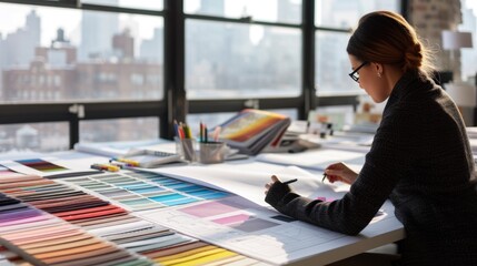 An interior designer is absorbed in evaluating various fabric samples spread across her studio table, with a backdrop of the cityscape outside. AIG41
