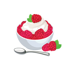 Raspberries and Cream vector illustration. Fresh raspberries with whipped cream icon isolated on a white background. Raspberry dessert in a bowl drawing. Template for background, banner, card
