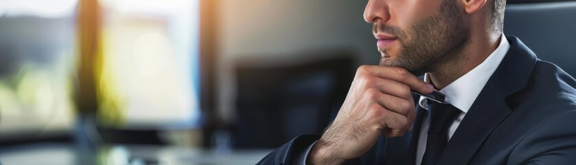 Fototapeta premium Financial advisor in sharp suit, close-up, explaining wealth strategy, confident expression, sleek office, photo-realistic, clear lighting, sophisticated atmosphere