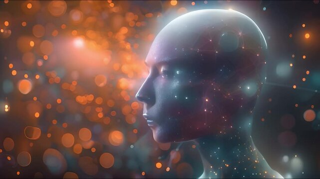 a holographic schematic of the human body featuring the neural connections between the head and brain as well as the organ structures on an abstract, light-filled background