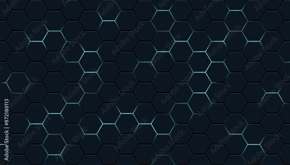 Wall mural dark hexagon pattern on blue neon background. hexagonal geometric pattern.