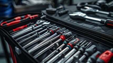 Fototapeta premium Professional Technician Toolkit with Organized Screwdrivers and Tools Emphasizing Readiness