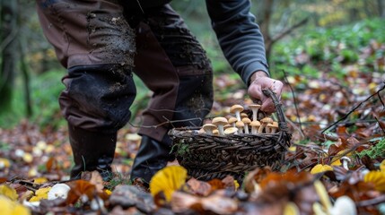 A patch of wild mushrooms being carefully harvested and p into a foraging basket.
