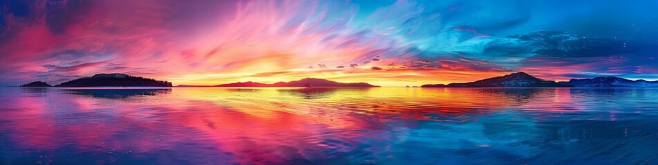 Panoramic Sunset Over Serene Waters: Majestic Mountains and Vibrant Reflections Captivate Nature’s Tranquility