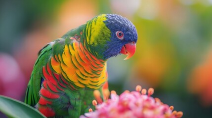 A close-up of a rainbow lorikeet, its feathers a vibrant display of nature's palette.