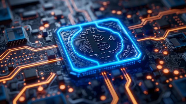A neon-blue Bitcoin symbol pulses at the heart of a complex circuit board. - Powered by Adobe